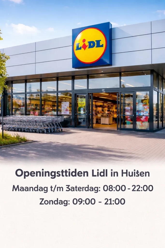 Moderne Lidl-supermarkt in Huizen met een duidelijke entree en winkelwagens buiten.