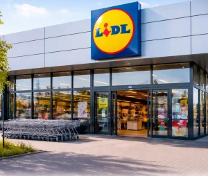 Home Moderne Lidl-supermarkt in Huizen met een duidelijke entree en winkelwagens buiten.
