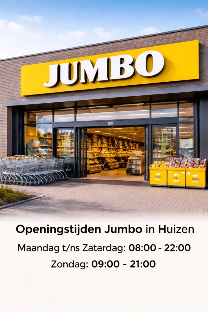 Foto van een moderne Jumbo-supermarkt in Huizen met een ruime ingang en winkelwagens buiten.