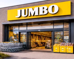 Home Foto van een moderne Jumbo-supermarkt in Huizen met een ruime ingang en winkelwagens buiten.