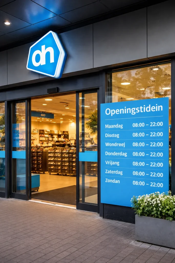 Moderne ingang van een Albert Heijn in Huizen, gefotografeerd bij daglicht.