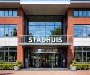 Home Realistische foto van het gemeentehuis in Huizen, gezien vanaf de ingang.