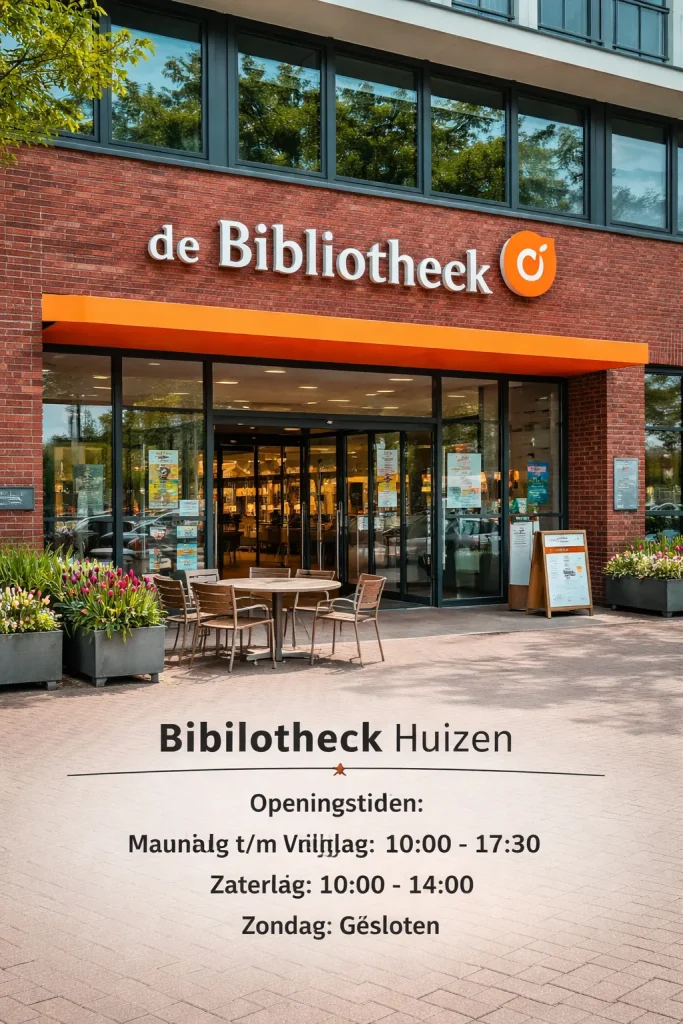 Foto van de ingang van de bibliotheek in Huizen.