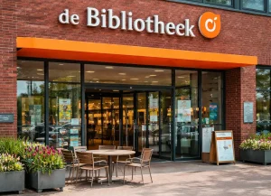 Home Foto van de ingang van de bibliotheek in Huizen.