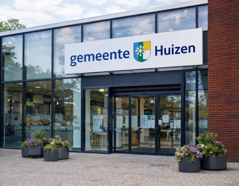 Vooraanzicht van het gemeentehuis in Huizen.