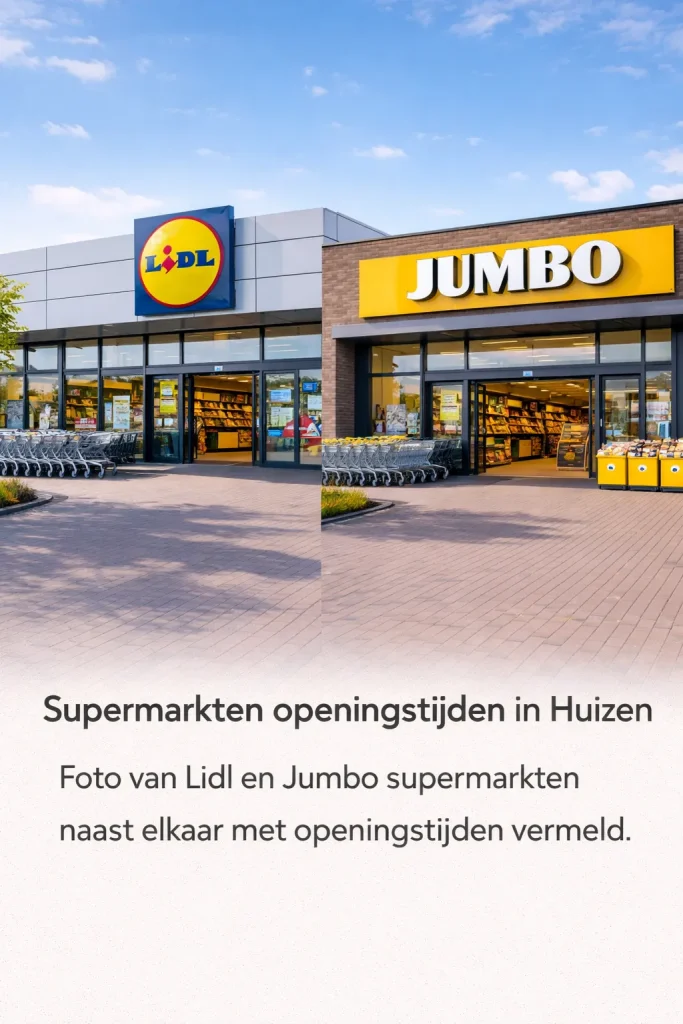 Foto van moderne supermarkten in Huizen met duidelijke ingangen en winkelwagens buiten.