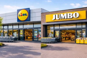 Home Foto van moderne supermarkten in Huizen met duidelijke ingangen en winkelwagens buiten.