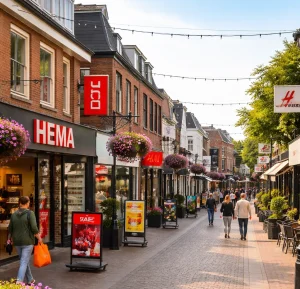 Home Realistische winkelstraat in Huizen met moderne gevels en een rustige sfeer.