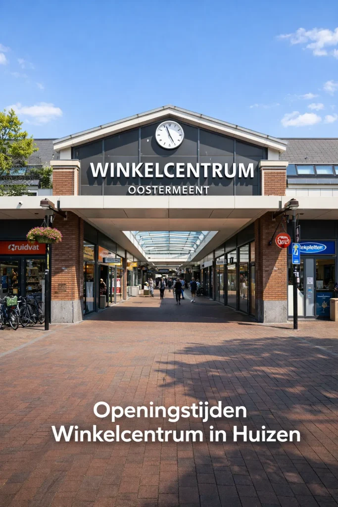 Realistische foto van de ingang van een winkelcentrum in Huizen met winkels en bezoekers.