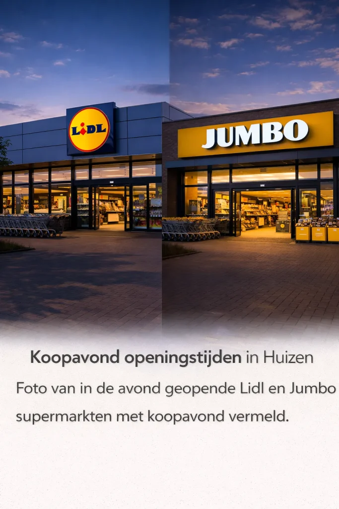 Avondfoto van supermarkten in Huizen met verlichte ingangen en een rustige sfeer.