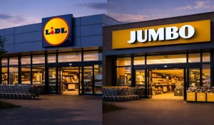 Home Avondfoto van supermarkten in Huizen met verlichte ingangen en een rustige sfeer.