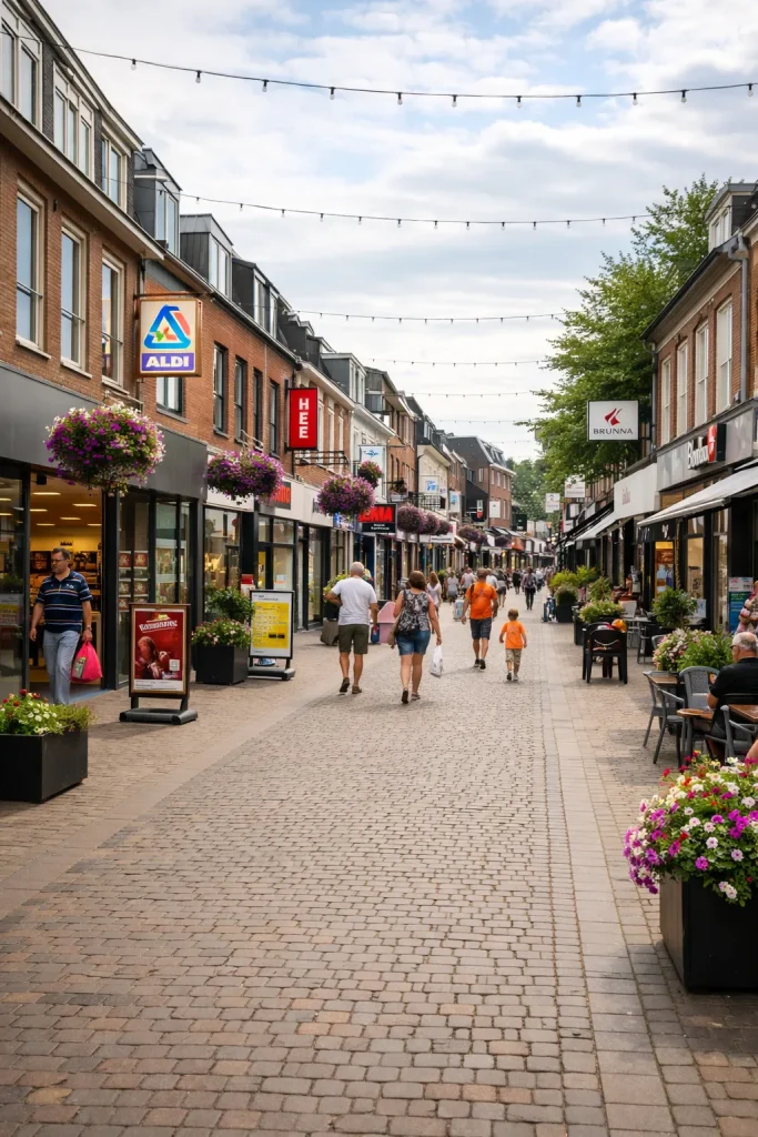 Drukke winkelstraat in Huizen op zondag met een levendige en realistische sfeer.