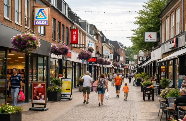 Drukke winkelstraat in Huizen op zondag met een levendige en realistische sfeer.