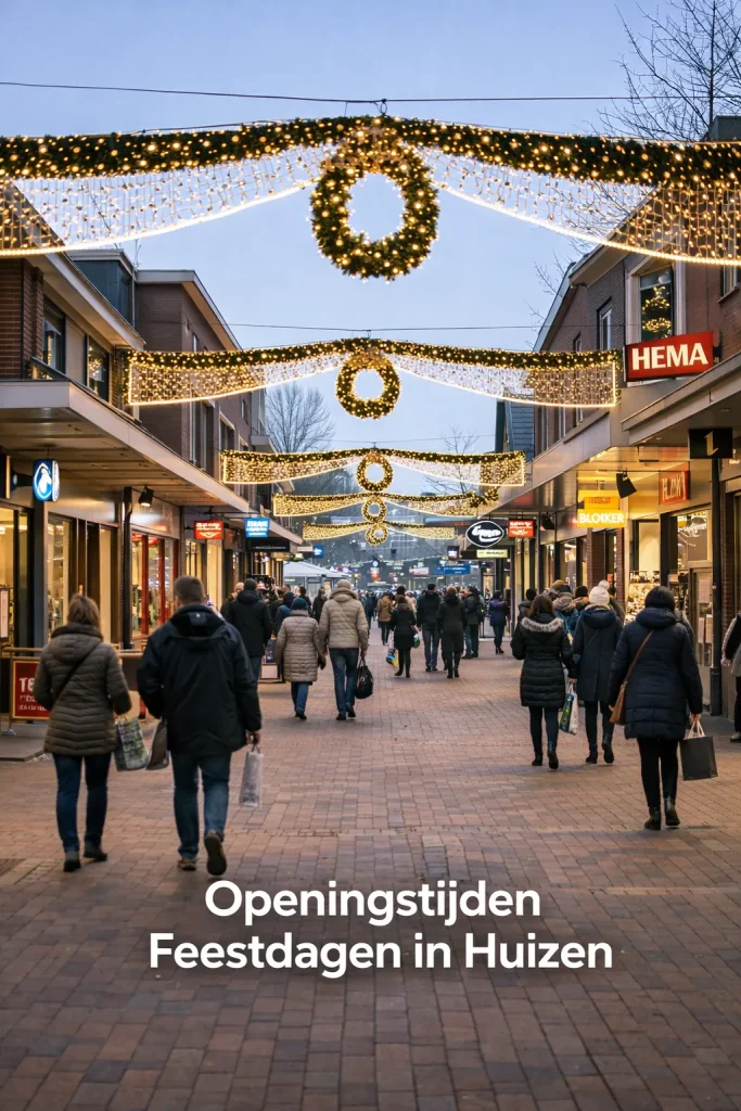 Realistische foto van een winkelstraat in Huizen met feestverlichting en bezoekers.