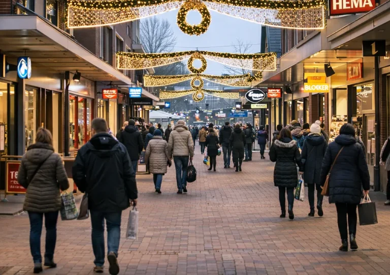 Realistische foto van een winkelstraat in Huizen met feestverlichting en bezoekers.