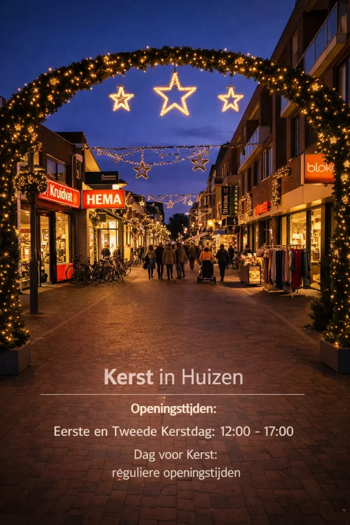 Feestelijk verlicht winkelcentrum tijdens kerst in Huizen.