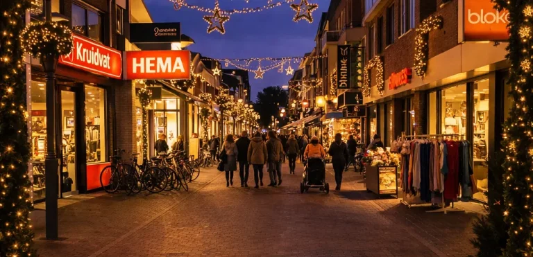 Feestelijk verlicht winkelcentrum tijdens kerst in Huizen.