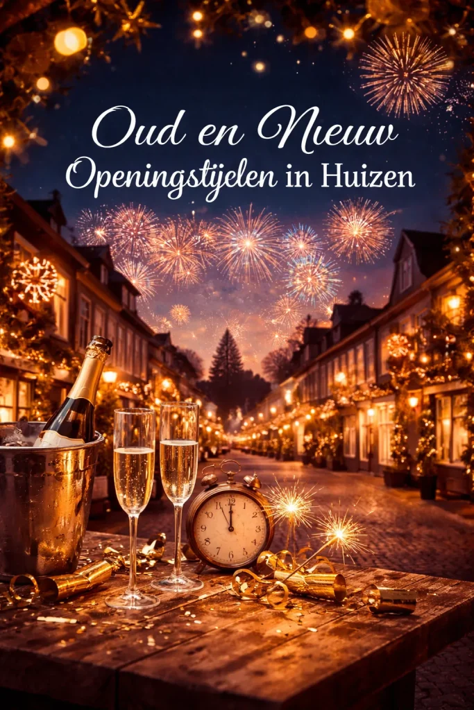 Feestelijke sfeer in Huizen tijdens de jaarwisseling met vuurwerk en warme verlichting.