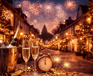 Home Feestelijke sfeer in Huizen tijdens de jaarwisseling met vuurwerk en warme verlichting.