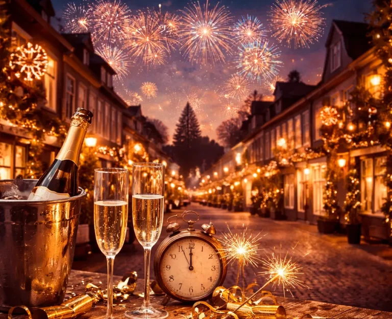 Feestelijke sfeer in Huizen tijdens de jaarwisseling met vuurwerk en warme verlichting.