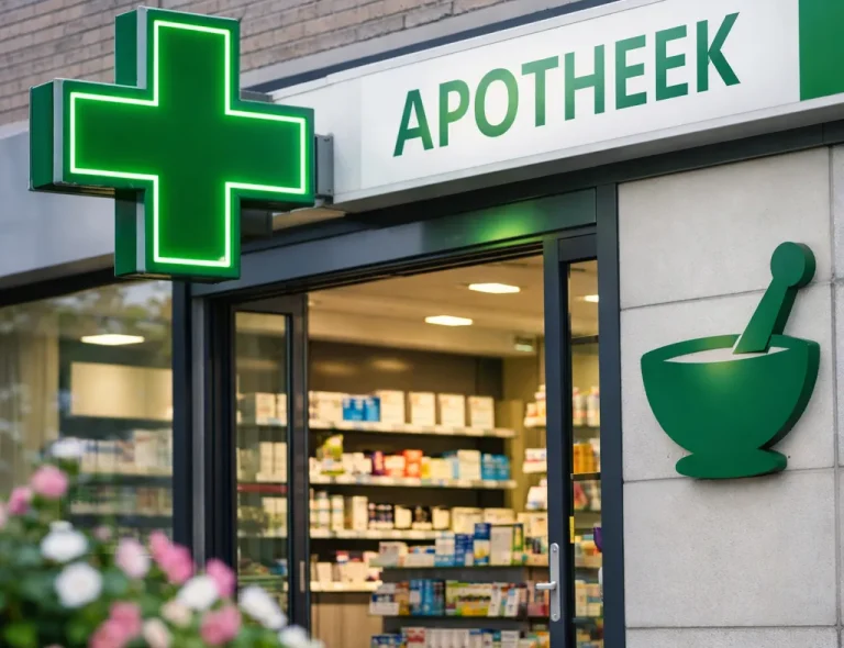 Moderne apotheek met open ingang en groene apotheeksymbolen.