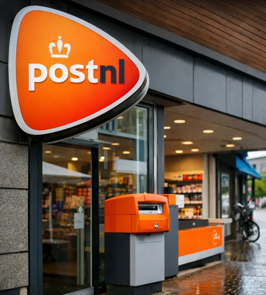 Foto van een PostNL-locatie in Huizen met ingang en pakketautomaat.
