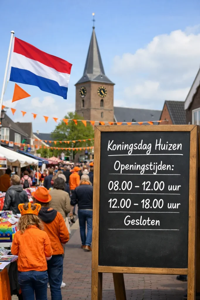 Drukke en feestelijke straat in Huizen tijdens Koningsdag, met veel oranje versiering en bezoekers.