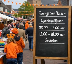 Home Drukke en feestelijke straat in Huizen tijdens Koningsdag, met veel oranje versiering en bezoekers.