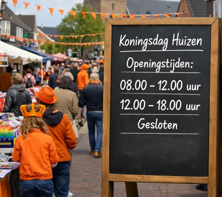 Drukke en feestelijke straat in Huizen tijdens Koningsdag, met veel oranje versiering en bezoekers.