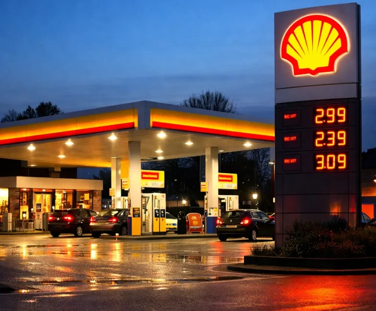 Modern tankstation in de avond.