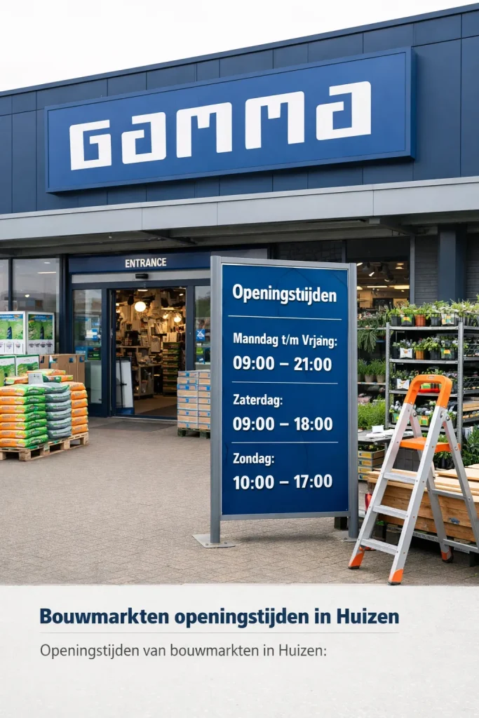 Foto van een bouwmarkt in Huizen met duidelijke openingstijden bij de ingang.