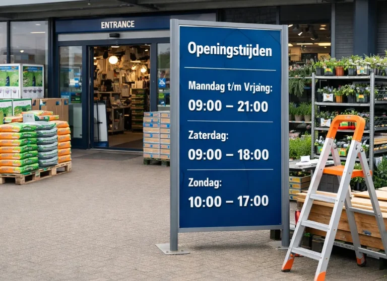 Foto van een bouwmarkt in Huizen met duidelijke openingstijden bij de ingang.