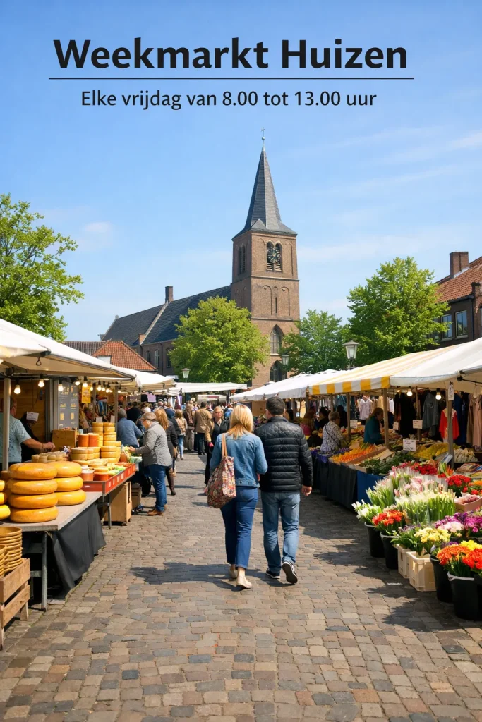 Sfeervolle foto van de weekmarkt in Huizen met marktkramen en bezoekers.