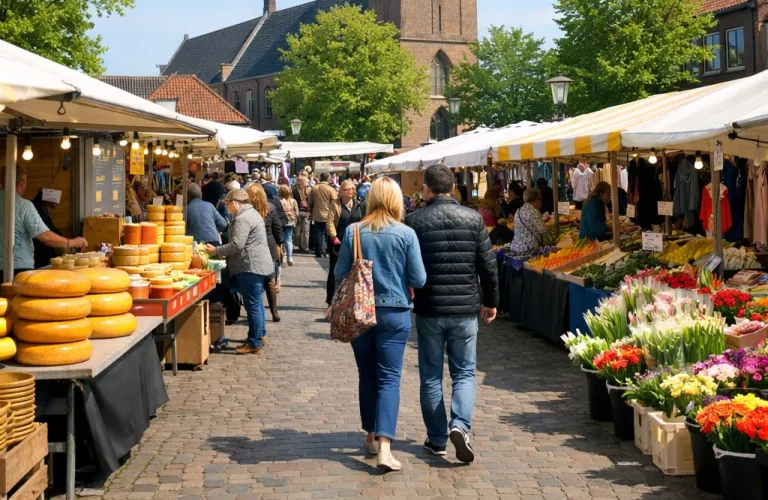 Sfeervolle foto van de weekmarkt in Huizen met marktkramen en bezoekers.